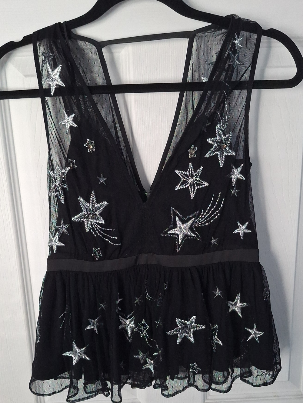 Black Star-Embroidered Mesh V-Neck Women's Top